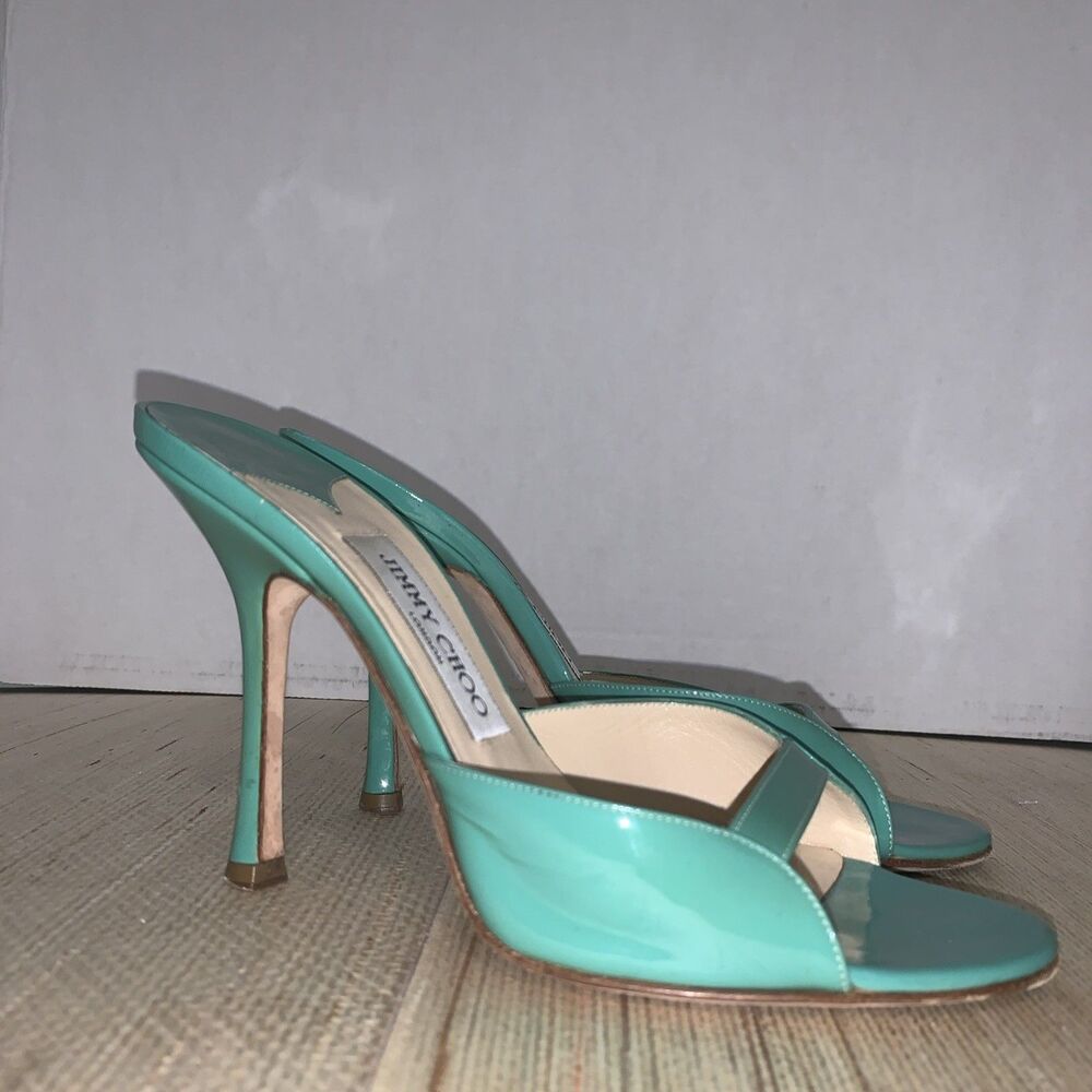 Jimmy Choo Turquoise/Green Patent Leather Sandals Preppy Office Womens 8 EU 38 - Picture 3 of 16